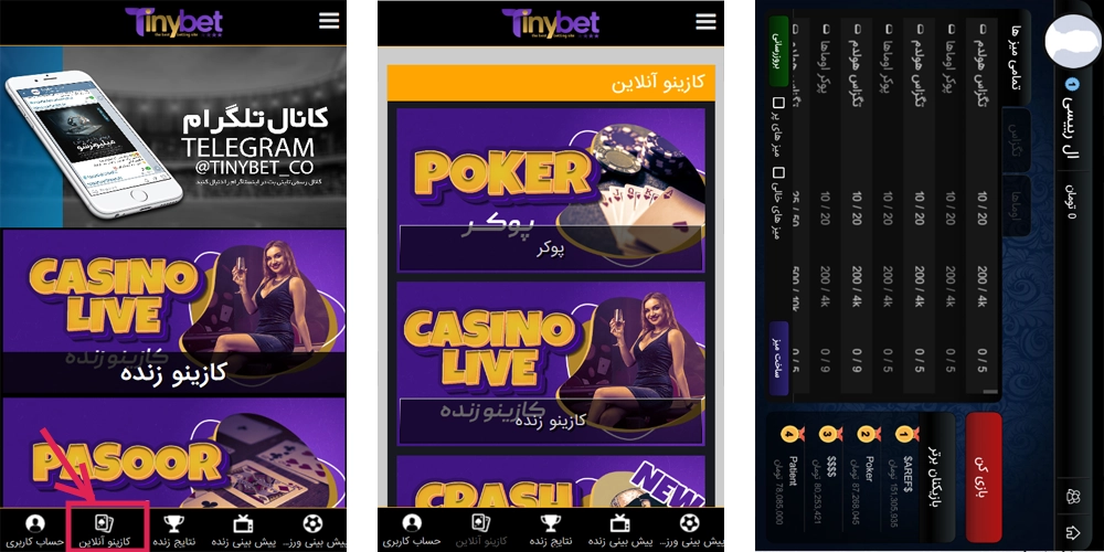 معرفی بخش های مختلف اپلیکیشن tinybet